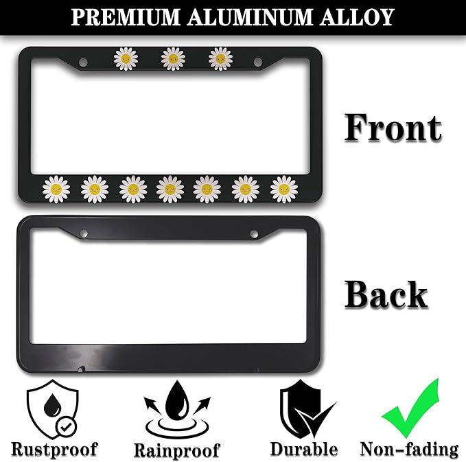 Automotive Exterior Accessories White, Black, Yellow License Plate Frames Daisy Cute Girly Gift Aluminum Metal Car Accessory 2 Pack with Screw Covers Set