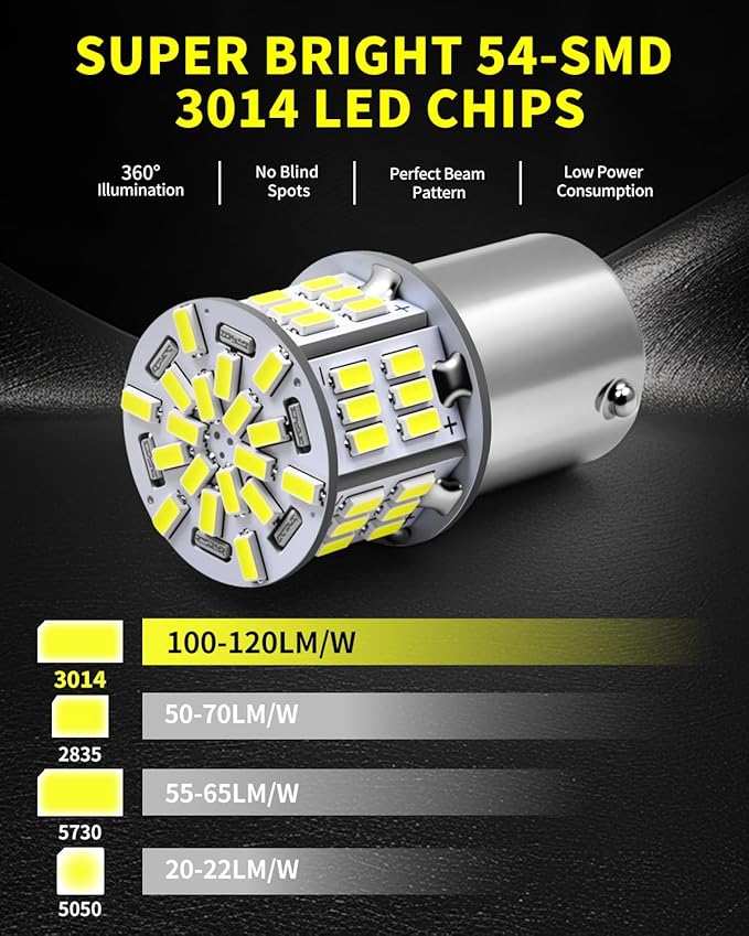 AUXLIGHT 1156 LED Bulbs 54-SMD 300% Super Bright BA15S 7506 1141 1003 LED Light Replacement for Car Truck Backup Reverse Turn Signal Lights & RV Camper Trailer Interior Lights, Xenon White(Pack of 6)