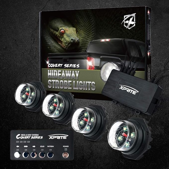 Xprite 4PCS LED Hideaway Strobe Lights Kit - White, 20 Flash Modes, Control Panel Included, Ideal for Emergency Vehicles, Trucks, Cars, Headlights, Taillights & Fog Lights, Hazard Warning