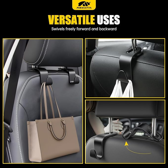MIKKUPPA Car Seat Headrest Hook & Cup Holder Coaster - 4 Pack Universal Hanger Storage Organizer Hook for Bag Purse Coat, Non-Slip Silicone Cup Holder Insert, Car Essentials Interior Accessories