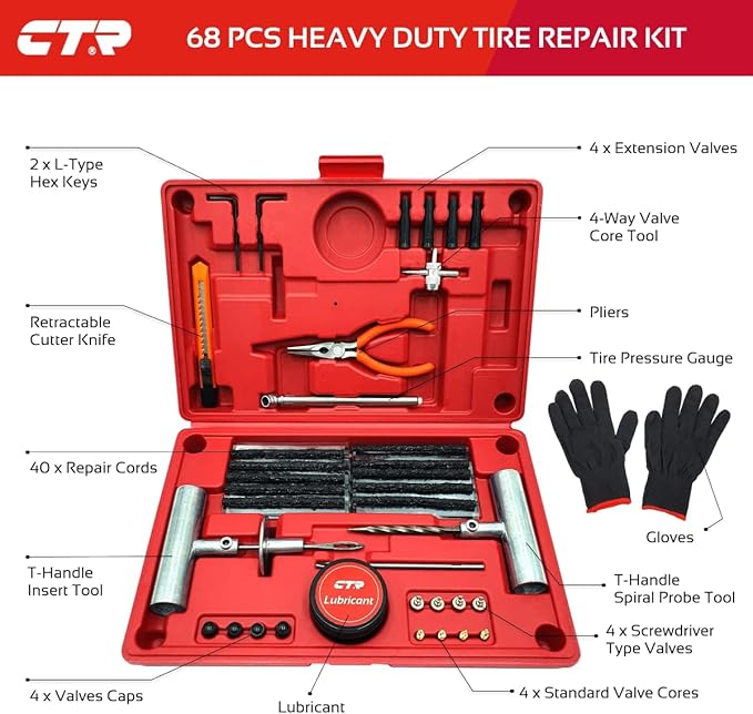 CTR Heavy Duty Tire Plug Kit - 68pcs All-in-One Universal Tire Repair Kit with Plugs, Professional Tools for Tubeless Tyre Flats for Cars, Truck, RV, SUV, ATV, Motorcycle, Tractor, Trailer - GE0001