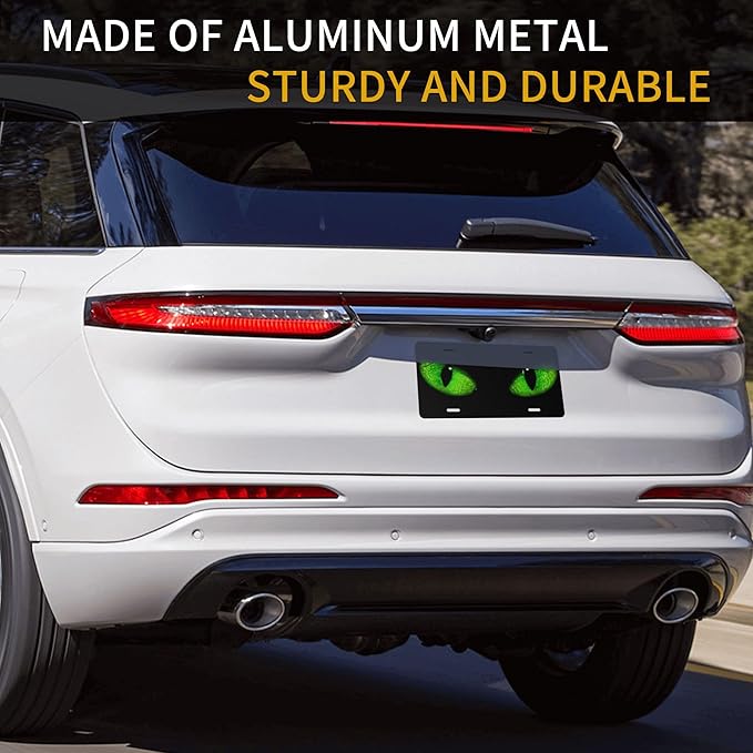 Front License Plate Green Cat Eye Vanity Plates Aluminum Metal Decorative Car Tag Face Novelty License Plate Cover for Men Women 6 * 12 in (4 Holes)
