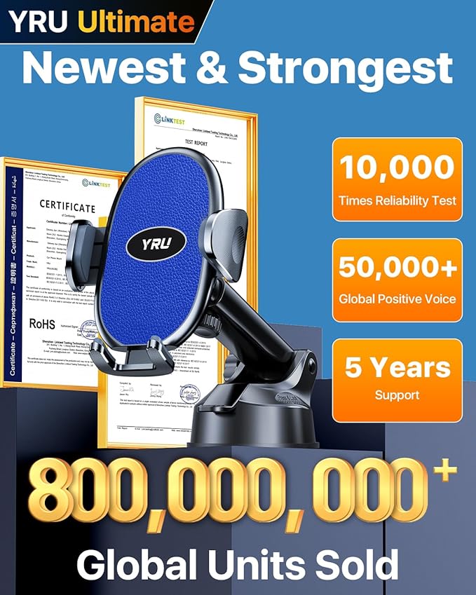 YRU [2025 Upgraded Universal Car Phone Holder Mount【 360° Rotatable&Strong Suction】 Cell PhoneHolder Car Dashboard Windshield Phone Holder Dash Stand for iPhone 16 15 14 13 Samsung Truck, Light Blue