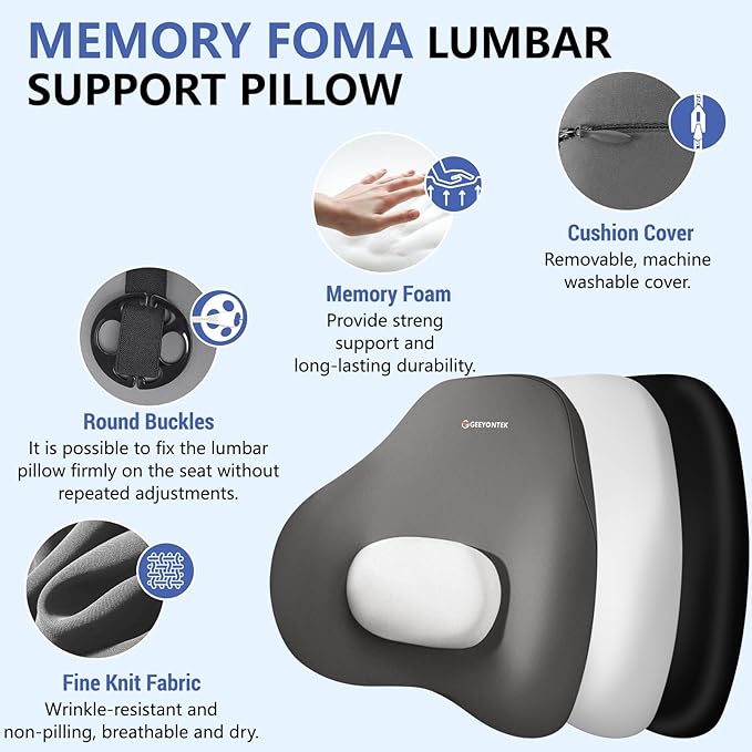 Car Lumbar Support Pillow and Neck Pillow kit for Back & Neck Pain Relief Ergonomic Memory Foam Car Seat Headrest & Lumbar Cushion with Adjustable Strap for Driving Seat/Office Chair Grey