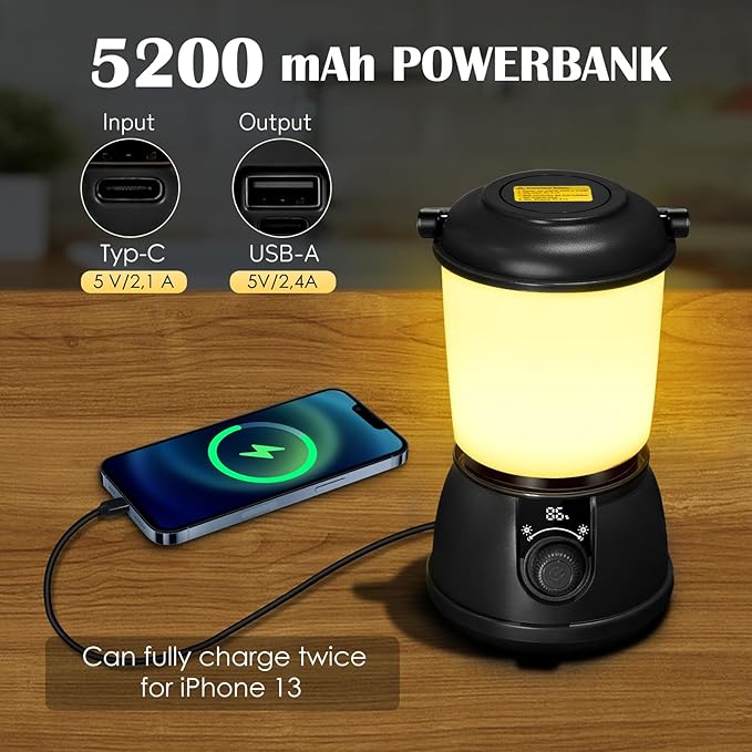 LED Camping Lantern Rechargeable, 5200mAh Camping Lights up to 150 Hours & 5 Light Modes, IPX5 Waterproof, Camping Tent Light for Power outages, Hurricane, Hiking, Emergency, and Home