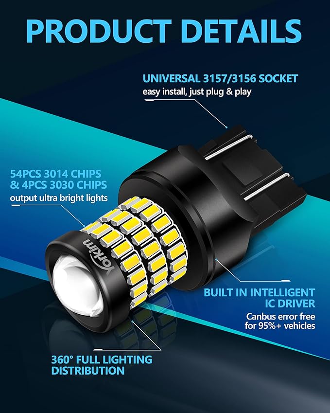 Yorkim 7440 LED Bulb White 7443 led reverse lights bulb with Projector 7441 W21W T20 led bulb Replacement Lamp for reverse lights backup lights blinker light turn signal lights tail lights, pack of 4