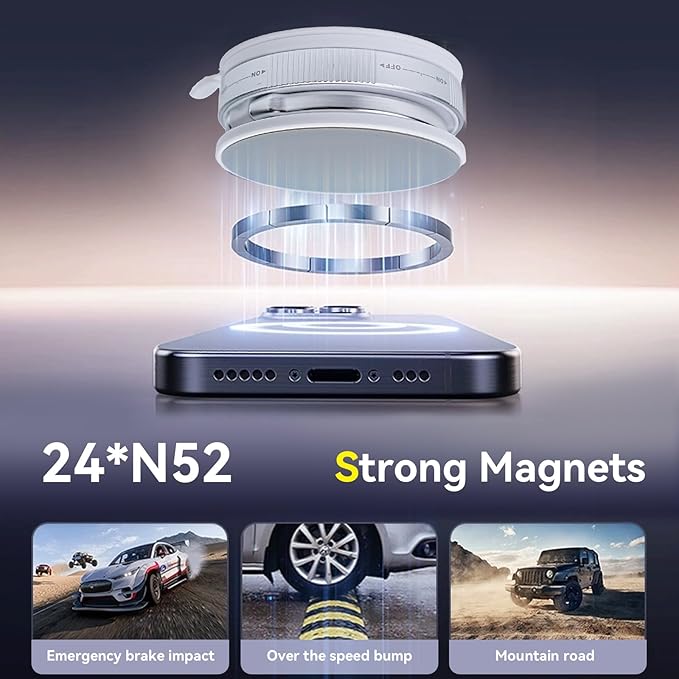 Upgraded 360° Nano Gel Vacuum Magnetic Car Phone Holder Ultra Strong Suction Magnetic Force for MagSafe, iPhone 16 Pro Max, Android - Foldable Retractable Mount for Car/Dashboard/Gym/Mirror(White)