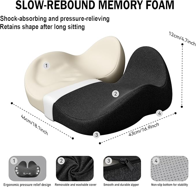 Memory Foam Seat Cushion for Office Chair, Car, Wheelchair – Coccyx Tailbone Support Pad for Sciatica & Back Pain Relief, Ergonomic Chair Cushion for Home, Travel, Work Desk (Dark Gray)