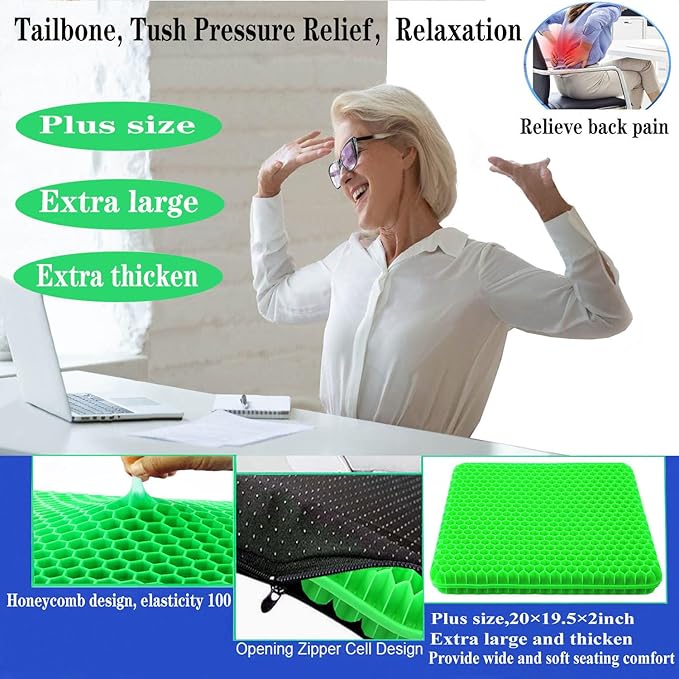 Plus Size Gel Seat Cushion, Extra Large and Thick, Seat Cushion for Pressure Relief for Back, Hip, Sciatica, Tailbone Pain, Used for Office, Wheelchair, Car, Truck, Recliner, Stadium.(Grass Green)