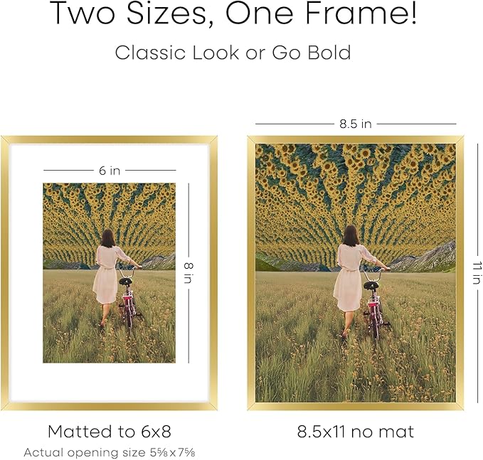 Homeforia 8.5 by 11 Picture Frame Gold, High End Metal 8.5x11 Poster Frames with Mat 6x8 Photo, 8.5 x 11 Frame Matted to 6 x 8 Print, 8.5by11 Wall or Tabletop Frame, Tempered Glass, Wall Kit, Set of 3
