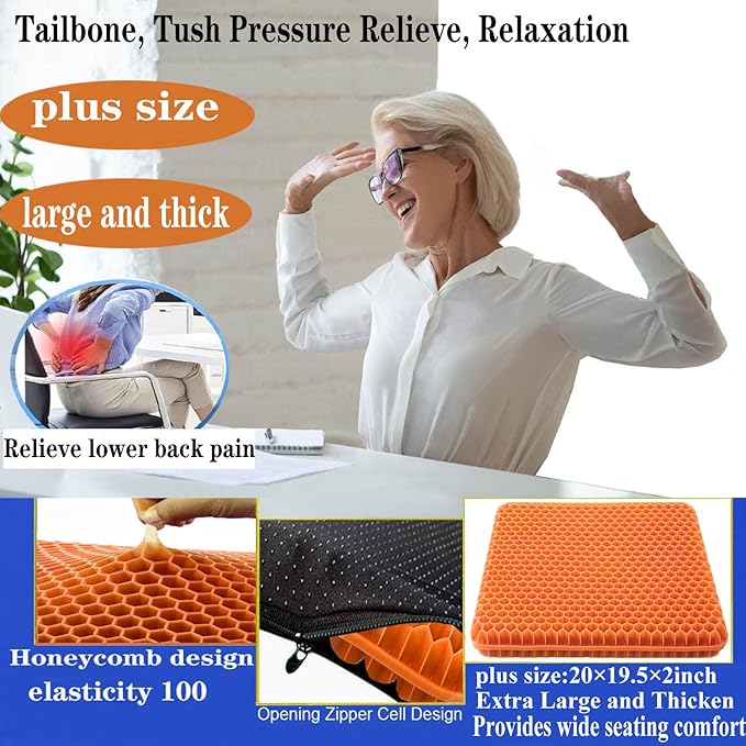 Plus Size Gel Seat Cushion for Long Sitting, Extra Large and Thick, Seat Cushion for Back, Sciatica, Hip, Tailbone Pain Relief , Used for the Office, Wheelchair, Car, Truck, Recliner, Stadium.(Orange)