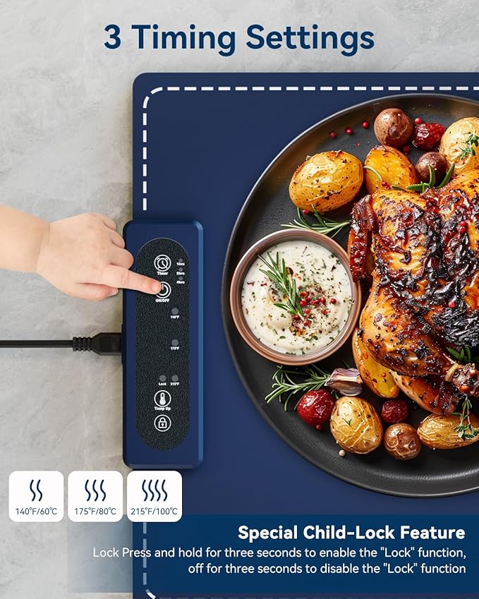 Negative ion Food Warming Mat with Adjustable Temperature,Foldable Electric Warming Tray for Parties Features 3 Modes & Fast Heating,Roll Up Food Warmer for Parties,Shabbat,Christmas (Navy Blue)