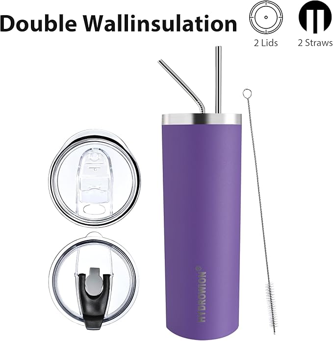 HYDROWION Triple-Insulated Tumblers - Stainless Steel with Lid and Straw, 20 oz Water Bottle, Stainless Steel Cups, Coffee Travel Mug for Home & Office Violet