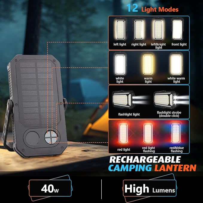 10000mAh Rechargeable LED Camping Lantern with LCD Display, 12 Light Modes, Dimmable & Waterproof, 120+ Hours Portable Light for Emergency, Power Outages, Outdoor Camping, Tent, 2 Packs