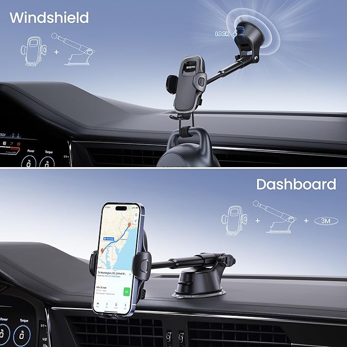 Car Phone Holder, Phone Holders for Your Car Dashboard Windshield, 360° Adjustable (4.8-7") Telescopic Arm, Suction Cup Cell Phone Holder for Truck Cradles Universal Car Mount for All Smartphones