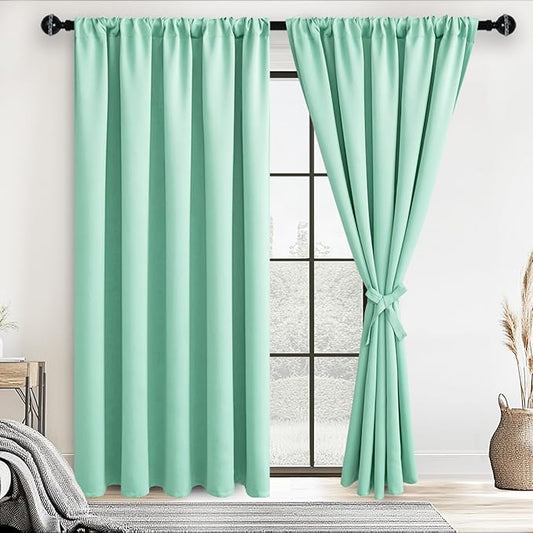 JIUZHEN Blackout Curtains for Bedroom - 60 Inch Extra Wide Thermal Insulated Room Darkening Privacy Soundproof Curtains for Living Room/Dorm Room, Set of 2 Panels, 60 x 84 inches,Mint Green