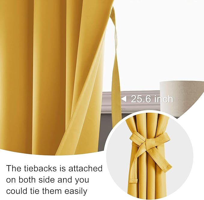 JIUZHEN Blackout Curtains for Bedroom - Thermal Insulated Room Darkening Noise Reducing, 52 x 54 Inch Length Curtains for Living Room, Set of 2 Panels with Tiebacks, Mustard Yellow