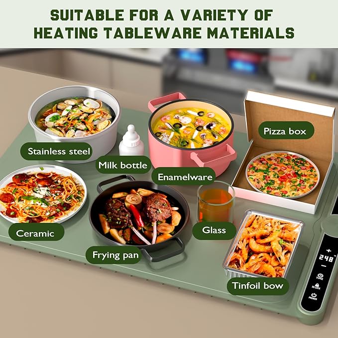 Smart Warming Mat for Food, Upgrade Waterproof Foldable Heating Mat, Food Warming Mat with 9 Level Adjustable Temperature and 6-Speed Timing, Easy to Clean Food Warmers for Buffet,Party,Thawin (Green)
