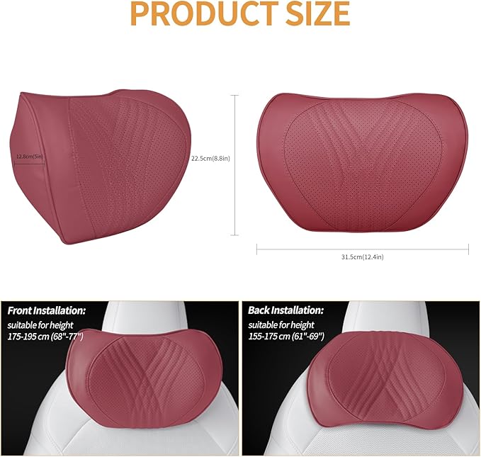 Car Neck Pillow Memory Foam Premium Leather Headrest Neck Support Cushion Universal for Driving Home Office, Red,2PC