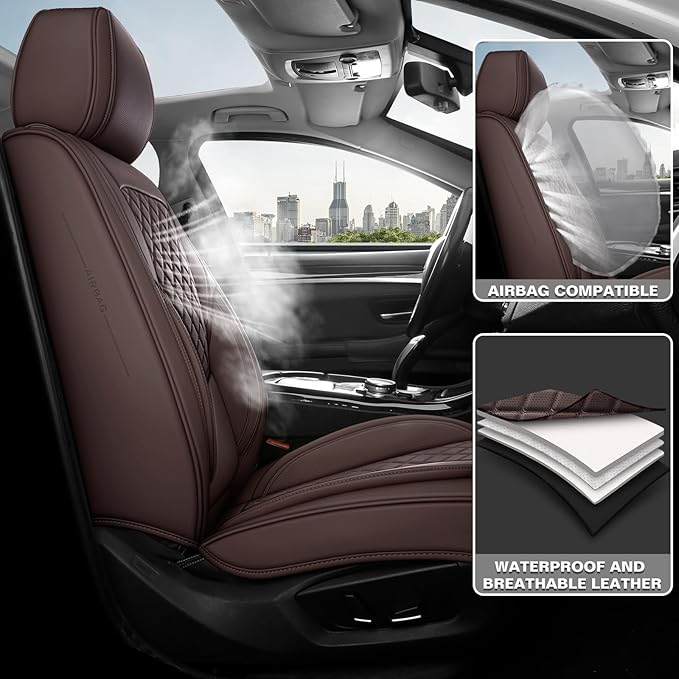 Premium Leather Car Seat Covers, Universal Fit for Cars SUVs Trucks and Sedans, Waterproof Car Seat Cushion with Airbag Compatible & Scratch-Resistant, Brown Seat Covers for 5 Seats