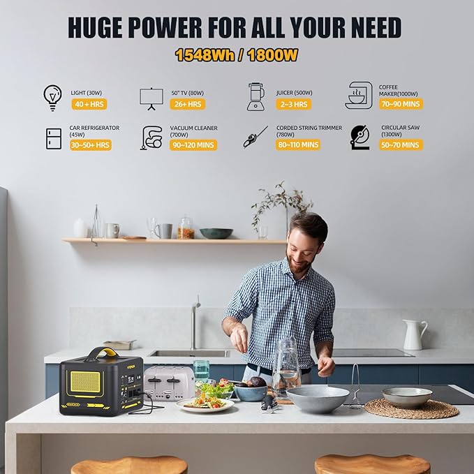 VTOMAN Jump 1800 Portable Power Station, 1548Wh LiFePO4 Solar Generator 1800W (Peak 3600W) Constant-Power Battery Power Station, Regulated 12V DC, 2 PD 100W Type-C for Home Backup & RV/Van Camping