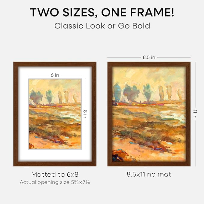 Homeforia 8.5x11 Picture Frame Brown, High End Dark Oak 8.5 x 11 Walnut Wooden Frames with Mat 6 by 8 Photo, 11x8.5 Wood Frame Matted to 6x8, Wall or Tabletop Frame, Tempered Glass, Wall Kit, Set of 1