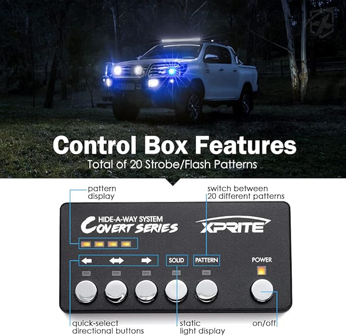 Xprite Blue LED Hideaway Strobe Police Lights Kit, 20 Flashing w/Control Panel Headlights Taillights Mounting, Hazard Warning for Emergency POV Vehicles Volunteer Cars Trucks SUV 8PCS