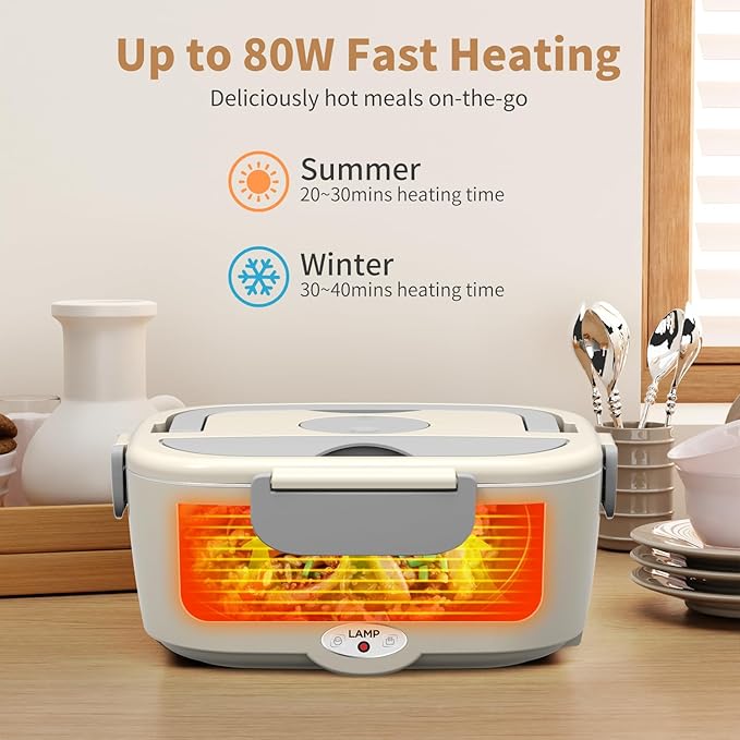 Electric Lunch Box for Men, Women & Adults - 80W Fast Heating - Heated Lunch Box with Dual 1.5L SS Containers - Portable Food Warmer for Car, Truck, Office