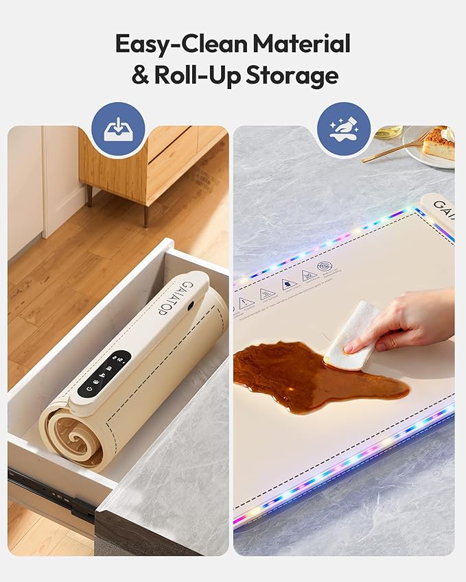 Gaiatop Food Warmers for Parties Buffet with RGB Edge, Electric Warming Mat for Countertop, 6 Temp Level 122℉-212℉, 6 Timer Settings, Full-Surface Fast Heating, Portable Silicone Food Warmer, Cream