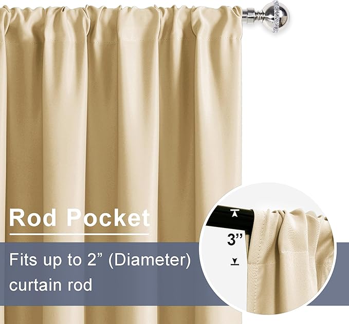 JIUZHEN Blackout Curtains for Bedroom - 60 Inch Extra Wide Thermal Insulated Room Darkening Privacy Soundproof Curtains for Living Room/Dorm Room, Set of 2 Panels, 60 x 63 inches,Light Beige