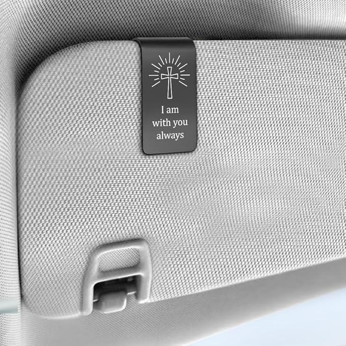 I Am with You Always Engraved Black Stainless Steel Car Visor Clip, Prayer Cross Sun Visor Clip for Religious Believers, Sweet 16 Gifts, Safe Driving Gifts for New Drivers Family Friend