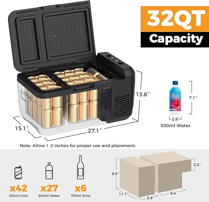 Setpower RF30 Electric Cooler 12V Car Refrigerator With APP Control,32QT(30L) Dual Zone 12 Volt Fridge Freezer, Portable Refrigerator Plug in Cooler for Car,Camping,Vehicles,RV,SUV,Truck,Travel