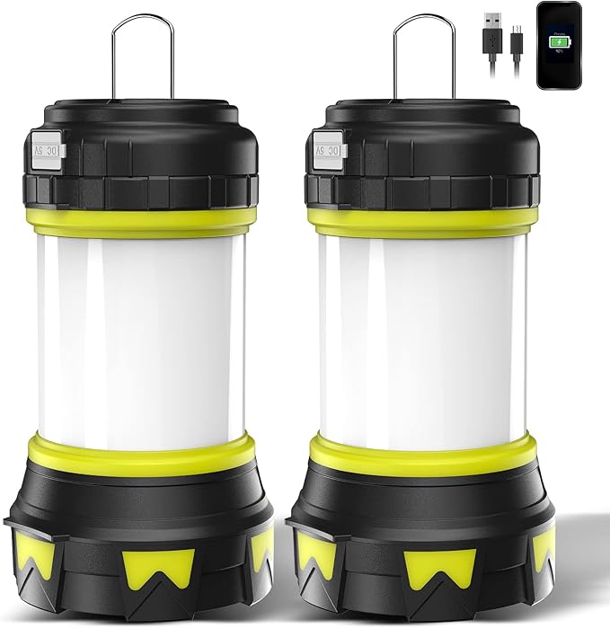 Rechargeable Flashlights Camping Lantern, 6 Modes LED Bright Flashlight 3000mAh Battery, IPX4 Waterproof, Emergency Flashlight Lantern for Outdoor, Hurricane, USB Cable Included-2 Pack