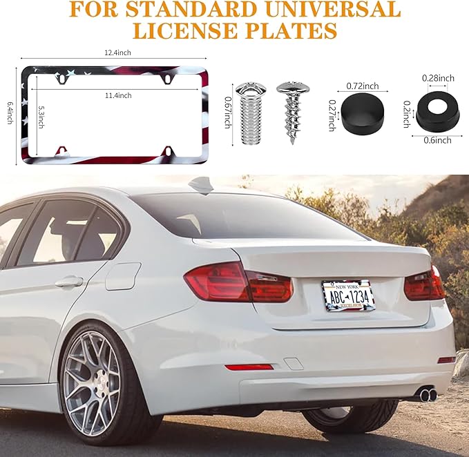 American Flag License Plate Frames - 2 Pack Universal Patriotic Matte Gloss Stars Stripe US Flag Stainless Steel Car Tag Frame Holder Covers with 4 Fluttering Flag Valve Stem Caps, Screws Fasteners