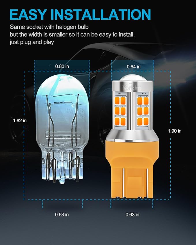 Yorkim 7443 led bulb amber, 7440 led bulb amber 7444na 7440 led with Projector Replacement for automotive Turn Signal Blinker Lights Side Marker Lights, Amber Yellow, pack of 2
