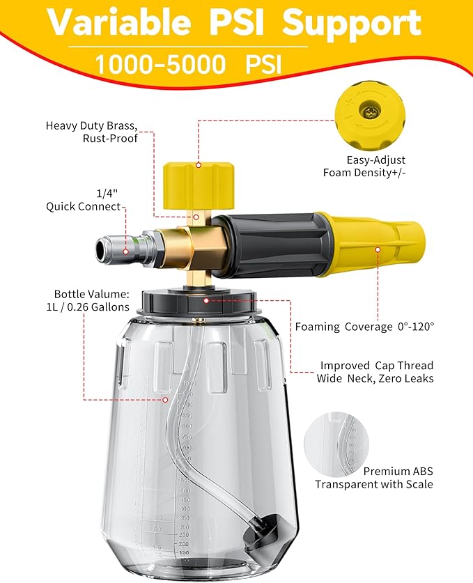 POHIR 5000 PSI Pressure Washer Gun with Foam Cannon, Sprayer Snow Foam Lance Power Washing Gun, 1/4 Inch Quick Connector with Nozzle Tips (Gun+Foam Cannon+Nozzle)