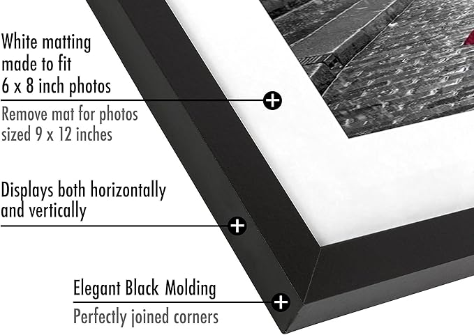Americanflat 9x12 Picture Frame in Black - Displays 6x8 With Mat and 9x12 Without Mat - Composite Wood with Shatter Resistant Glass - Horizontal and Vertical Formats for Wall (2-Pack)