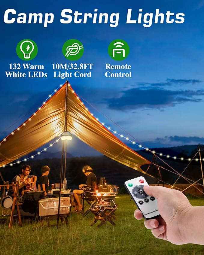 Camping String Lights 4 in 1, Anpro 32.8 Ft String with Warm White 130 LEDs, USB Rechargeable with Remote Control, Adjustable Brightness, 6 Light Modes, Portable Camping Light for Outdoor, Decoration