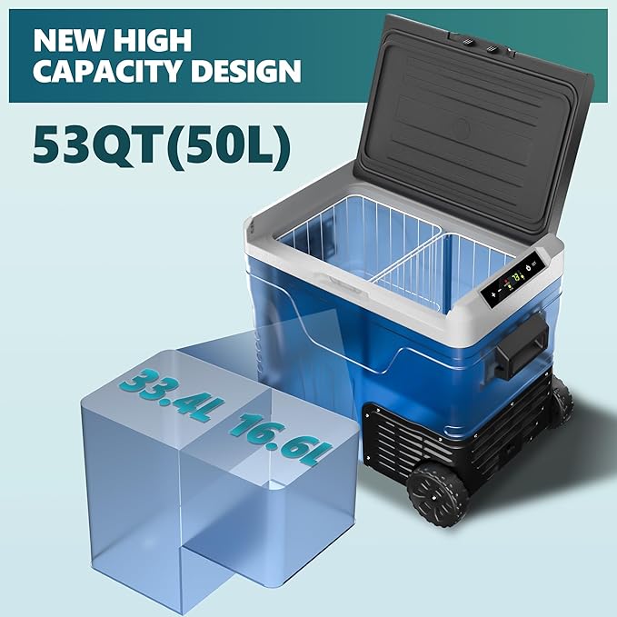 EUHOMY 12 Volt Refrigerator, 53QT(50L) Electric Cooler, Portable Freezer 12V/24V DC 100-240V AC, 12V Fridge -4℉~68℉, 12V Cooler with Wheels & 2 Baskets for Travel, Truck, Boat, Camping
