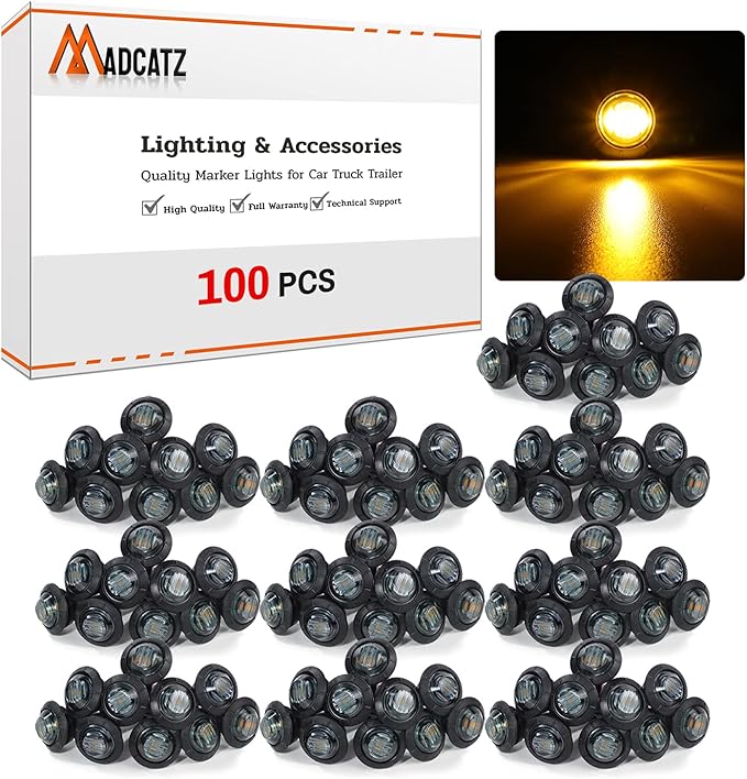 100 PCS 3/4" Round 3 LED Clearence Light Front Rear Side Marker Indicators Light for Trailer Truck Car Bus RV Van Caravan Boat (Smoked lens Amber light)