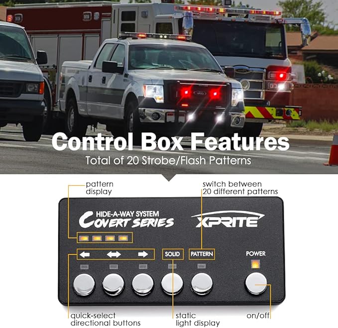 Xprite White Red LED Hideaway Strobe Lights Kit, 20 Flashing Patterns w/Control Panel Headlights Taillights Fog Light Interior Mounting, for Emergency Vehicles Firefighter Cars Trucks SUV 4PCS