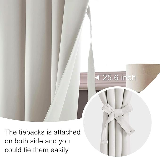JIUZHEN Blackout Curtains for Bedroom - Thermal Insulated Room Darkening Noise Reducing, 42 x 96 Inch Length Curtains for Living Room, Set of 2 Panels with Tiebacks,Ivory
