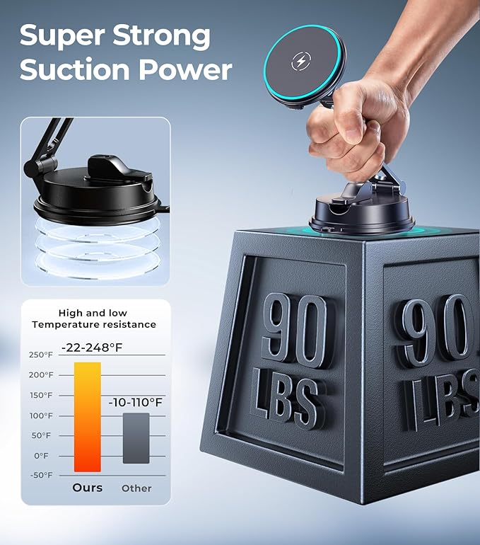 【Vacuum Suction Folding Car Mount】 Certified Qi2 Charger for MagSafe, 360° Adjustable Aluminum Alloy Arm, Phone Holder for Tesla/Car Rental/Gym/Mirror/Shower/Smooth Surface iPhone 16/15 Pro Max