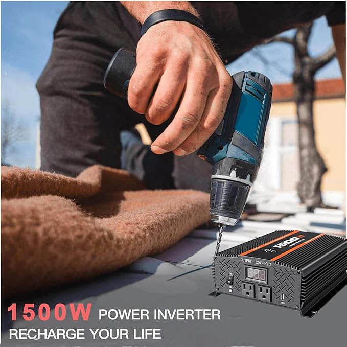 1500 Watt car Power Inverter 12V to 110V/120V for RV car Truck semi Truck Vehicles Camping with LCD Display 1500W