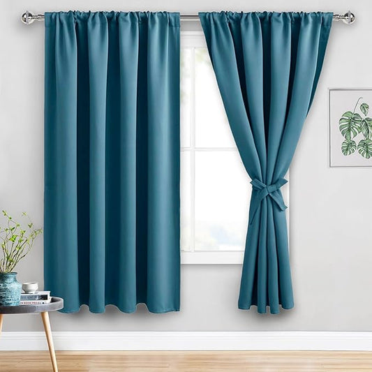 JIUZHEN Blackout Curtains for Bedroom - Thermal Insulated Room Darkening Noise Reducing, 60 x 63 Inch Length Curtains for Living Room, Set of 2 Panels with Tiebacks, Stone Blue