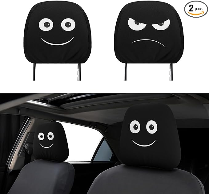 Funny Car Headrest Covers 2 Pack – Double-Sided Angry & Smile Face Design, Universal Stretch Seat Head Rest Protector for Cars, SUVs, Trucks