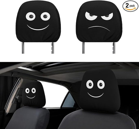 Funny Car Headrest Covers 2 Pack – Double-Sided Angry & Smile Face Design, Universal Stretch Seat Head Rest Protector for Cars, SUVs, Trucks