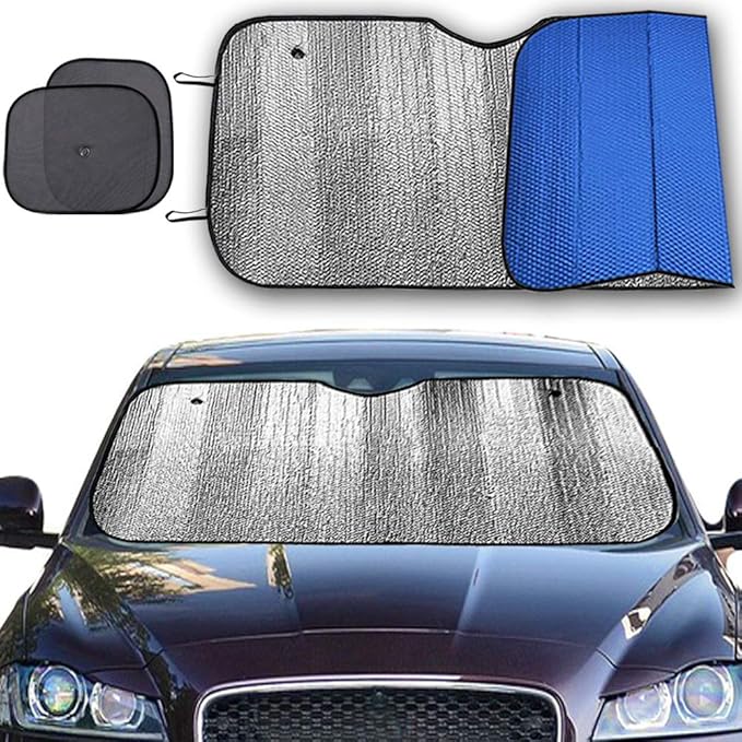 Big Hippo Windshield Sun Shade,Car Sun Shade Side Window as Bonus,Car Sunshade Windshield,Reflect Sunlight Heat and UV Rays, Protect Interior,Keep Vehicle Cool,Silver/Blue(55.16X 27.5inches)