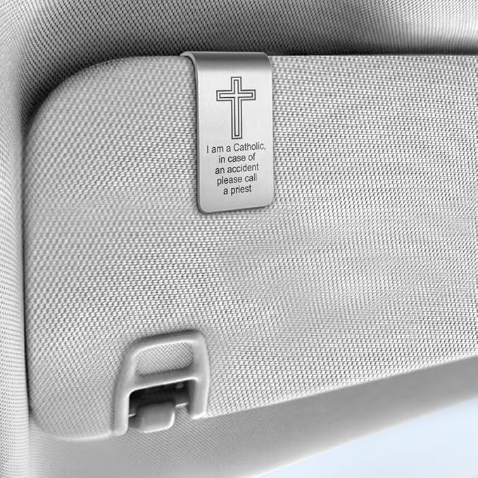 I Am A Catholic, in Case of an Accident Please Call A Priest Engraved Stainless Steel Car Visor Clip, Travels Visor Car Accessories for Women Men, Catholic Gifts for Family Friend Driver