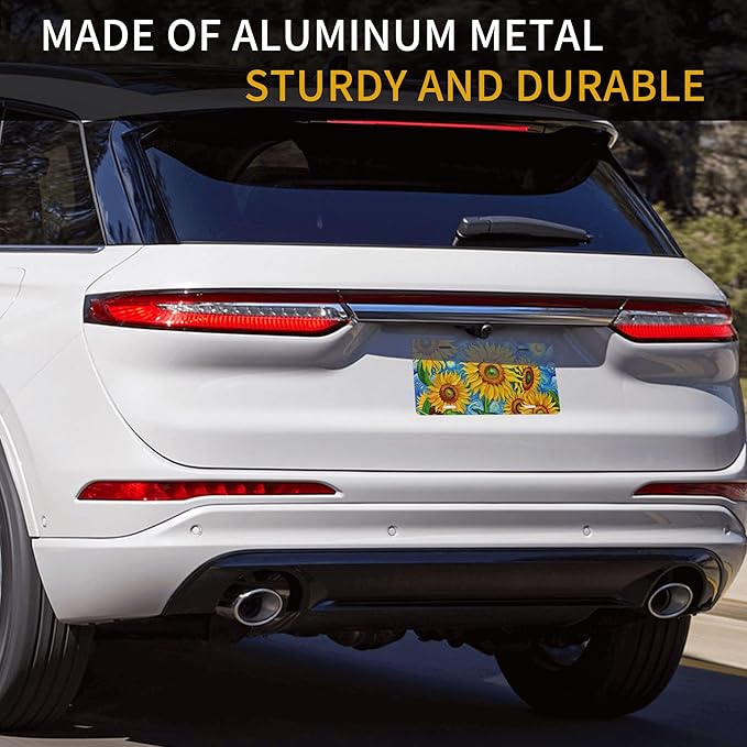 Front License Plate Sunflower Art Vanity Plates Aluminum Metal Decorative Car Tag Novelty License Plate Cover for Men Women 6 * 12 in (4 Holes)